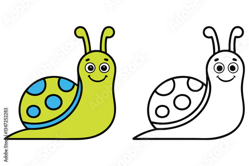 Adorable Cartoon Snail Illustration Colorful and Black and White Version for Kids Coloring Pages
