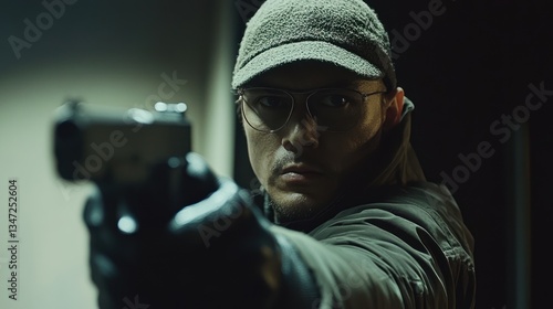 Man aiming a firearm wearing hat and eyeglasses at viewer
