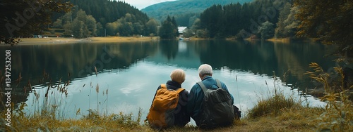 Wallpaper Mural Couple rests by serene lake, surrounded by forest Torontodigital.ca