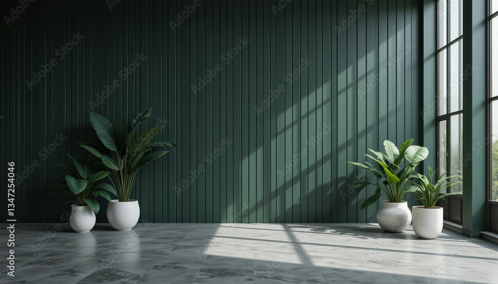 Fototapeta premium Serene corner of mindful indoor garden green walls basking in natural light clean minimalist interior design