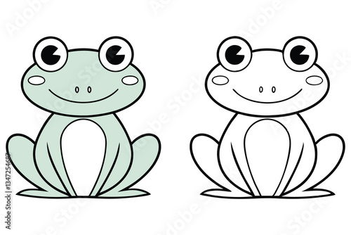 Adorable Cartoon Frog Coloring Page Illustration Two Frogs One Colored One Outline