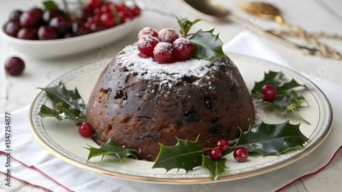 A delicious Christmas pudding garnished with vibrant berries, elegantly presented on a white plate