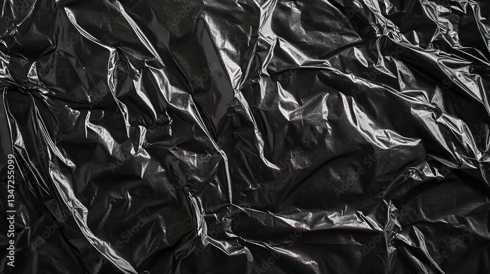 Crumpled Black Plastic Wrap Texture on Dark Background Crumpled Black Plastic Wrap Texture on Dark Background
