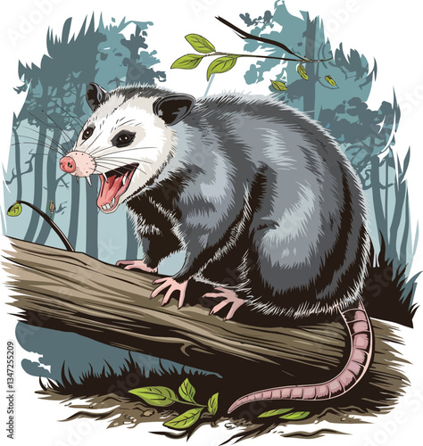 Cute cartoon opossum on white background