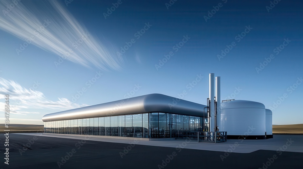 Fototapeta premium Propane plant with open landscape and clear sky, propane energy production, spacious facility layout
