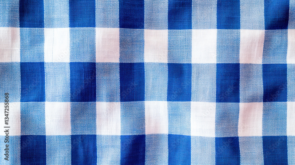 Blue and white checkered tablecloth with intricate fabric texture on red background Blue and white checkered tablecloth with intricate fabric texture on red background