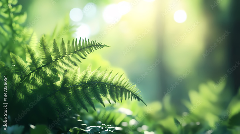 Ferns in Tropical Rainforest with Sunlight