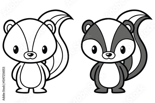 Adorable Cartoon Skunk Coloring Pages for Kids Featuring a Black and White and a Colored Version