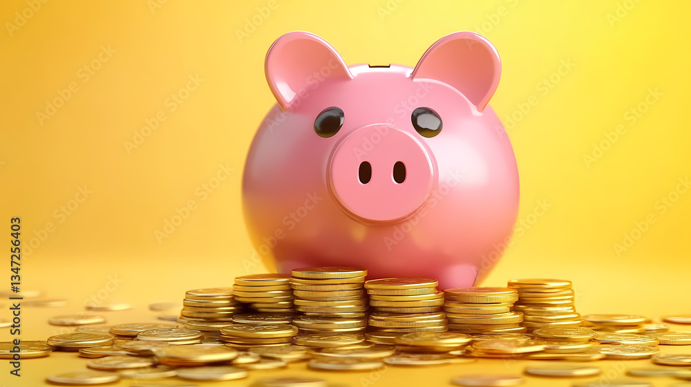 Pink Piggy Bank with Coins on Yellow Background