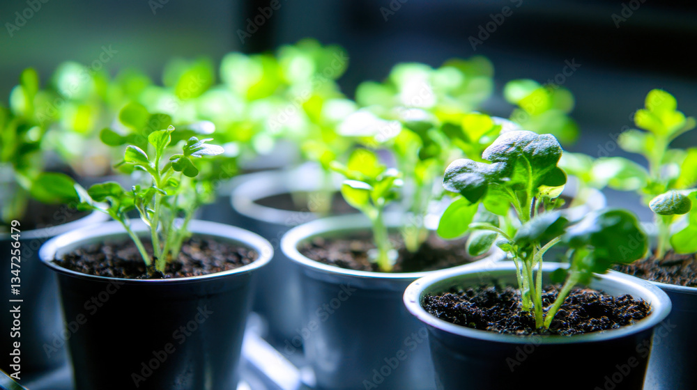Small plants growing in LED-lit tin cups with black soil against a dark backdrop Small plants growing in LED-lit tin cups with black soil against a dark backdrop