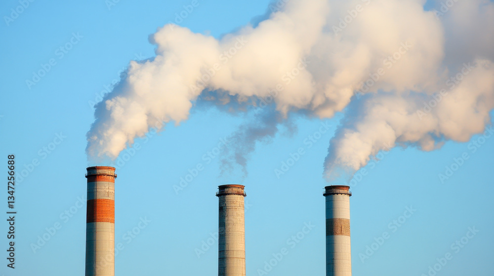 White smoke billows from three industrial chimneys against clear blue sky on sunny day White smoke billows from three industrial chimneys against clear blue sky on sunny day