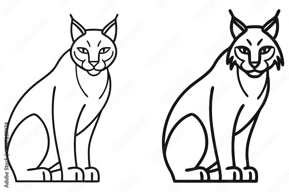 Fototapeta premium Two Line Art Drawings of a Lynx Sitting Down in Profile View
