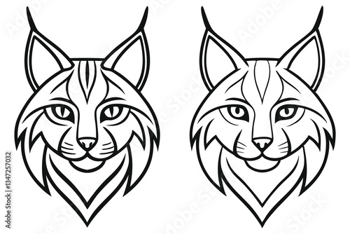 Two stylized lynx head illustrations in black and white line art a pair of majestic wildcat portraits