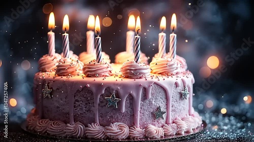A beautifully decorated pink birthday cake with lit candles, sparkles, and a dreamy bokeh background.