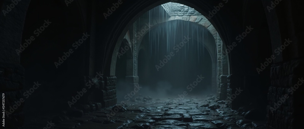 Obraz premium Dark dungeon of a medieval castle, gothic arches, dim torchlight, water drops on the walls, cinematic style