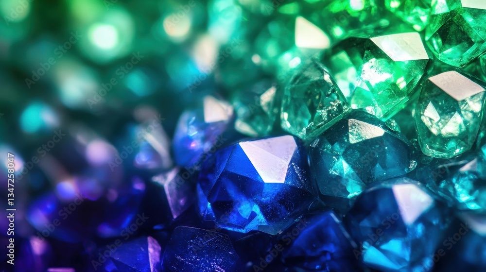 Gemstone Gradient: Royal Sapphire to Emerald Crystals - Macro View of Faceted Minerals with Rich Color Transition Gemstone Gradient: Royal Sapphire to Emerald Crystals - Macro View of Faceted Minerals with Rich Color Transition