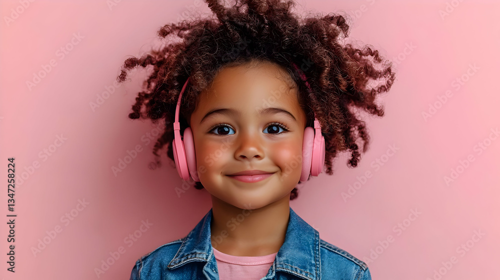 Smiling Girl with Pink Headphones and Curly Hair Smiling Girl with Pink Headphones and Curly Hair