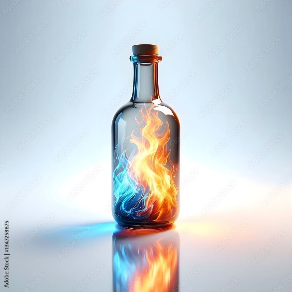 A striking, realistic depiction of a single elegant glass bottle surrounded by vibrant, multicolored fiery flames A striking, realistic depiction of a single elegant glass bottle surrounded by vibrant, multicolored fiery flames