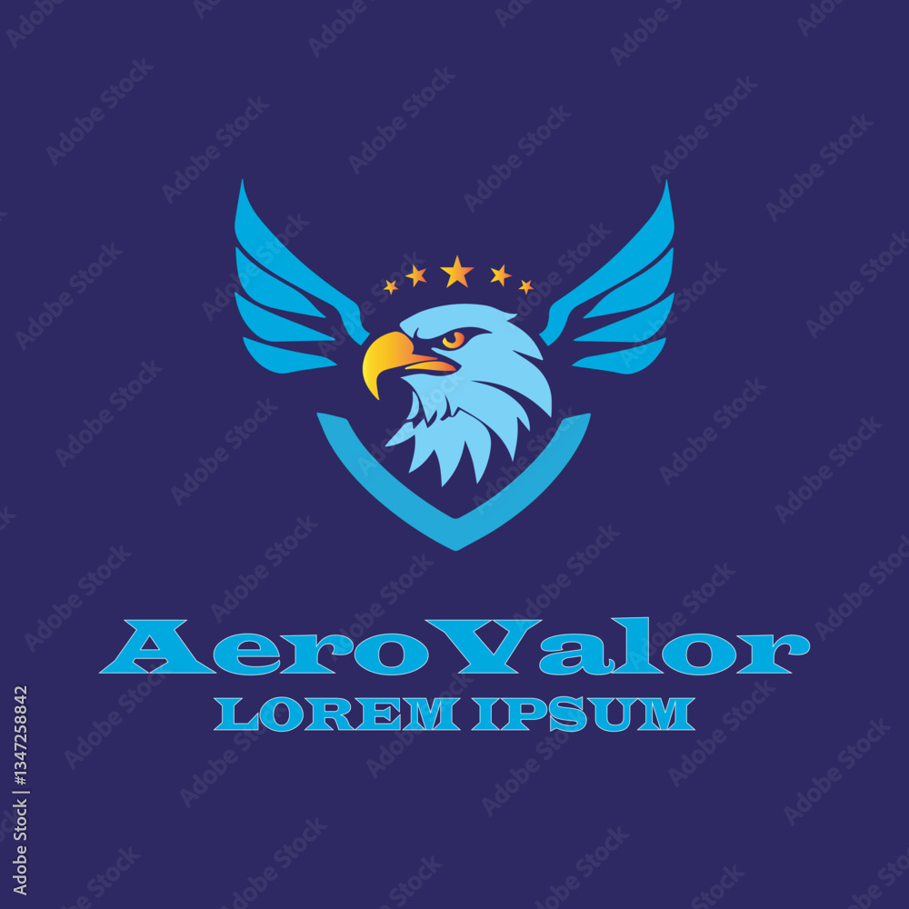 Fototapeta premium A striking logo featuring a majestic eagle with spread wings, symbolizing strength, power, and valor. The bold blue and yellow color scheme conveys trust and determination.