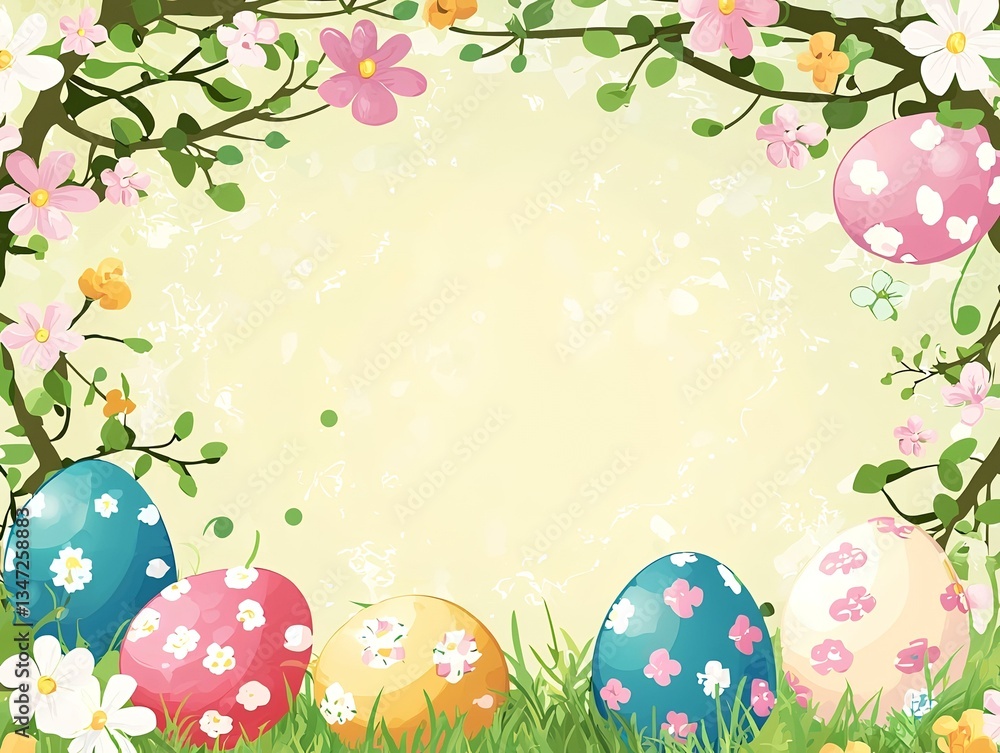 Easter eggs in spring flowers, garden background, greeting card design Easter eggs in spring flowers, garden background, greeting card design
