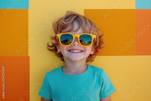 A cheerful toddler with curly hair smiles while wearing yellow sunglasses against a colorful wall.