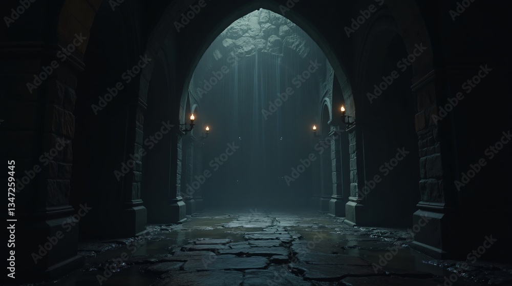 Fototapeta premium Dark dungeon of a medieval castle, gothic arches, dim torchlight, water drops on the walls, cinematic style