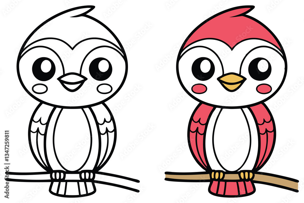 Fototapeta premium Adorable Cartoon Bird Coloring Page Illustration Featuring a Cute Bird Perched on a Branch