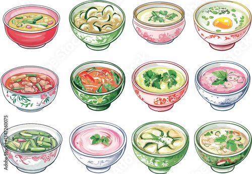 set of colourful vector bowls of soup