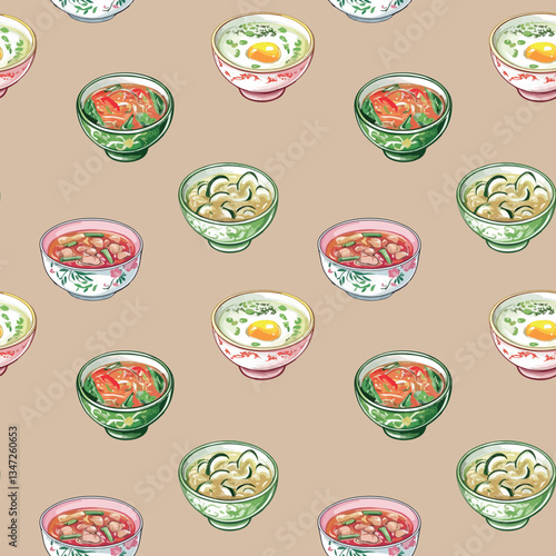 seamless pattern of bowls of soup