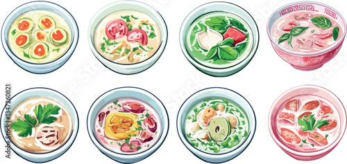 set of colourful vector bowls of soup