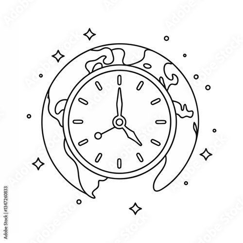 World clock vector in minimal line art style, featuring a clock overlaid on a globe with decorative sparkles for a global time concept.