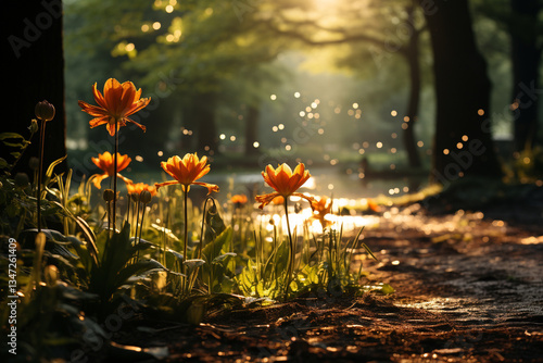 As sun peeks through misty forest, it unveils a tapestry of dappled light, glistening dewdrops, and a revitalizing ambiance that dances with arrival of spring