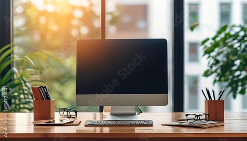 Wallpaper Mural Corporate Office Desk Background with Warm Natural Light for Presentations Torontodigital.ca