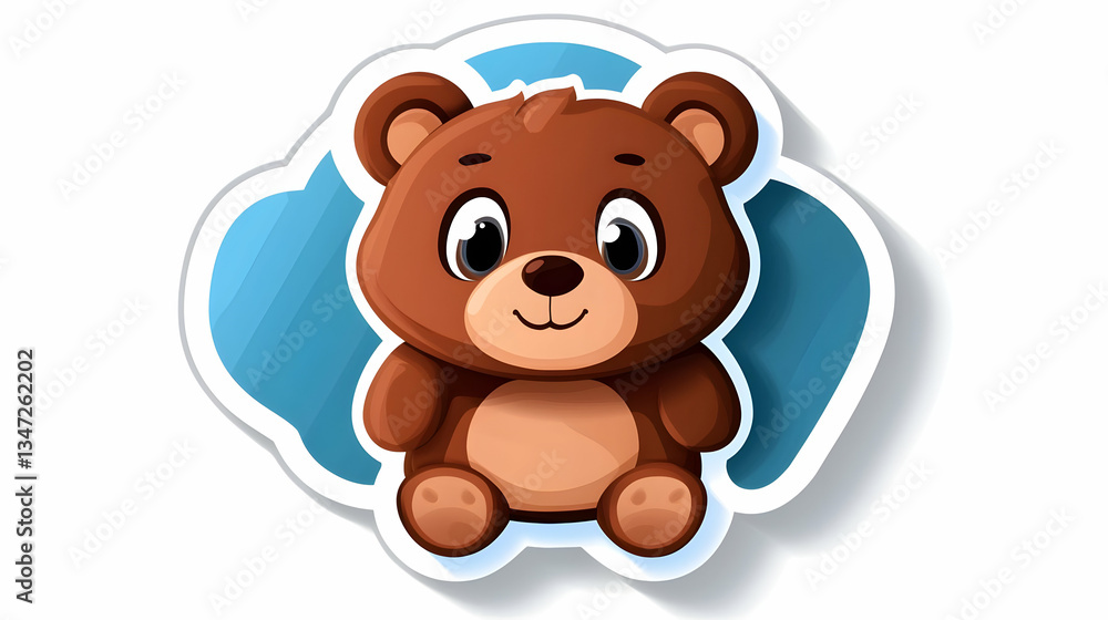Naklejka premium Adorable Brown Cartoon Bear Sticker on Blue Background
