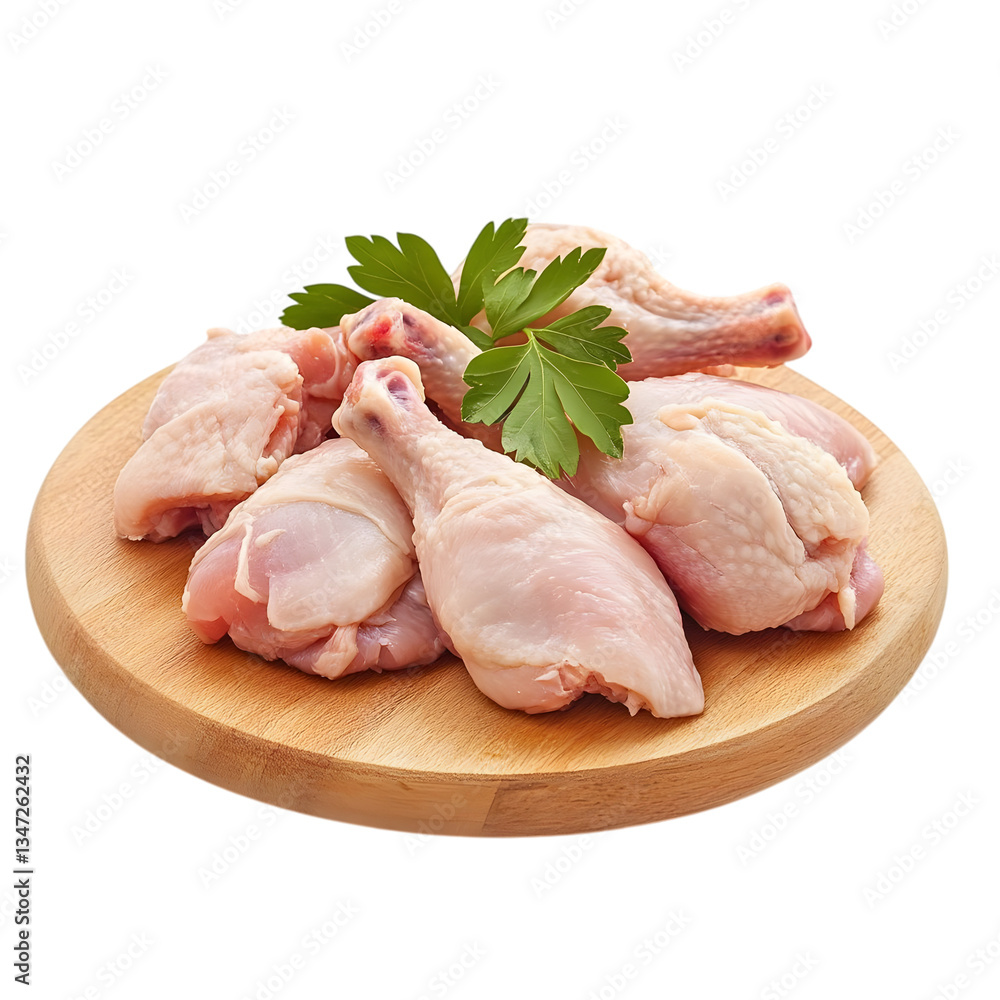 Fresh chicken legs on wooden cutting board isolated on transparent background Fresh chicken legs on wooden cutting board isolated on transparent background