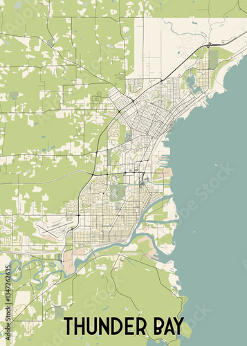 This detailed map showcases the city of Thunder Bay, Ontario, Canada. The map features a light beige background with a network of black lines representing streets and roads.
