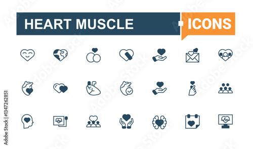 Heart Muscle modern icon set. Includes thin line symbols care, love, cardio. Heart icon set. Minimalist icons collection. Pixel perfect. Vector collections.
