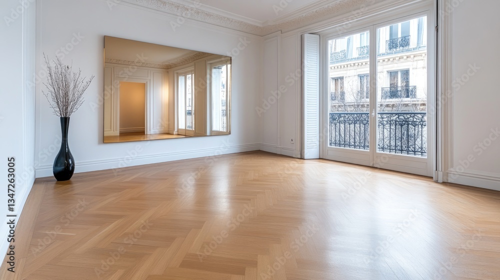Fototapeta premium Full-body mirror with a gold frame leans against the wall in a contemporary Parisian apartment featuring chic decor and polished floors