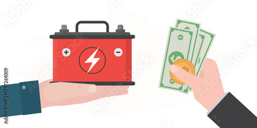 Hand of seller give car battery, driver customer pay money for purchase. Mechanic hand give energy battery, electricity battery. red accumulator car parts power supply.