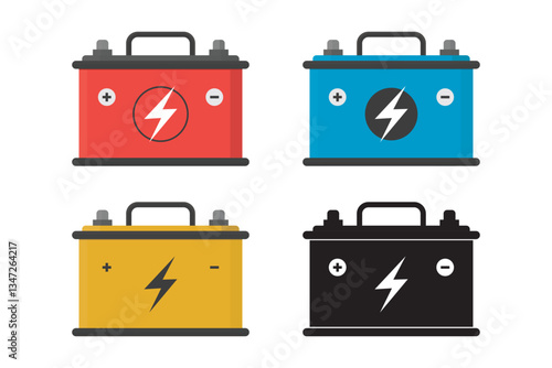 Set of car battery icons isolated on white background. Energy battery and electricity battery. Colorful accumulator car parts power supply.