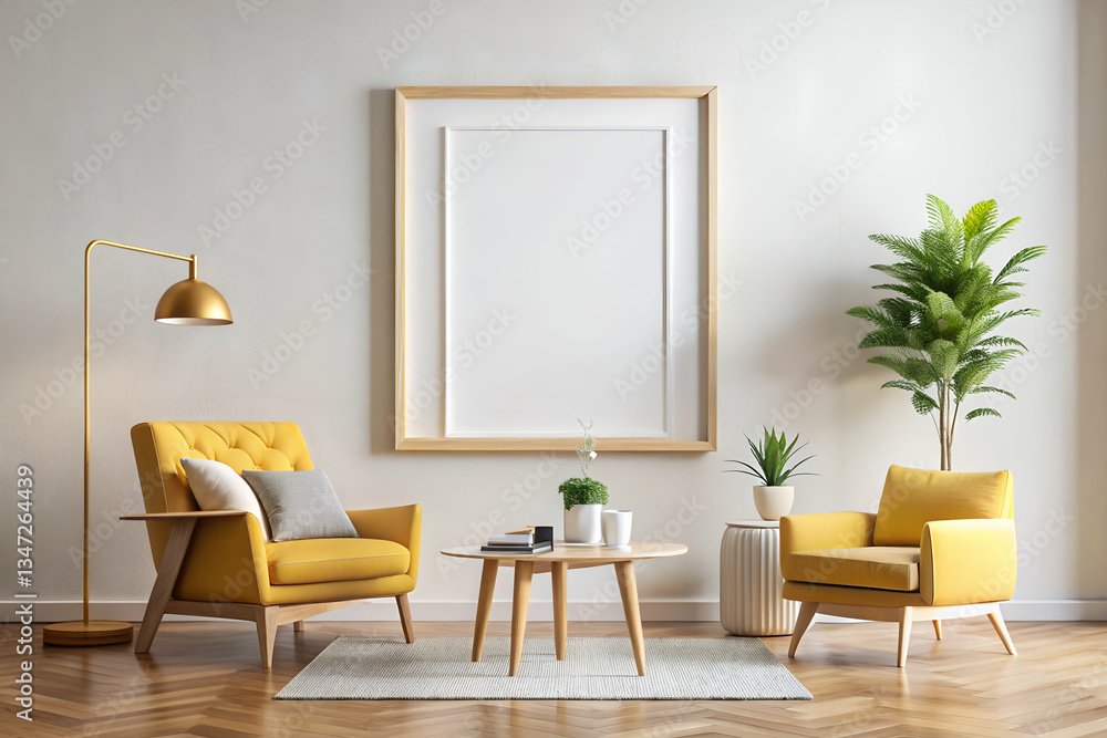 Fototapeta premium Poster frame mockup in Scandinavian style living room interior with yellow on empty white wall 
