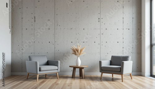 A tranquil modern living room with minimalist chairs inviting conversation and quiet contemplation with natural light