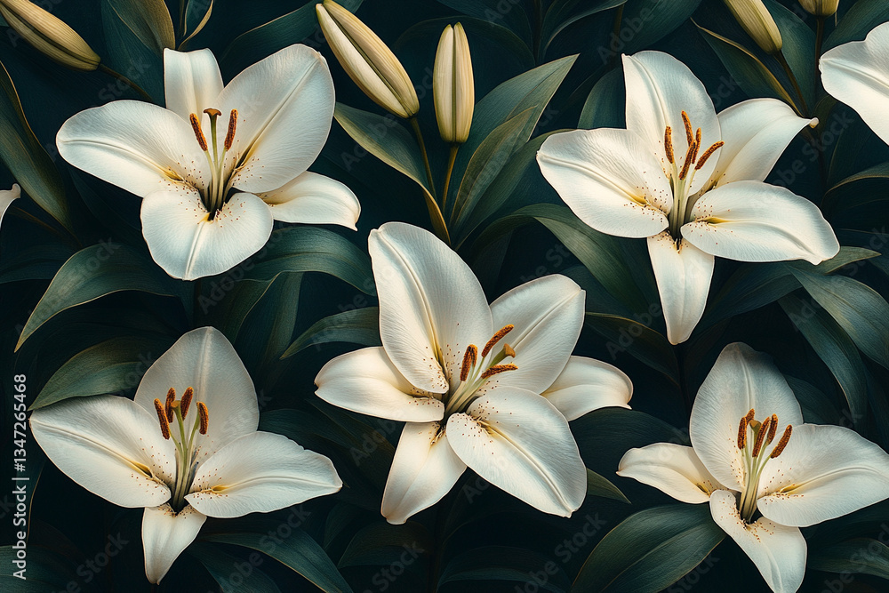 Fototapeta premium Beautiful white lilies blooming in lush green foliage