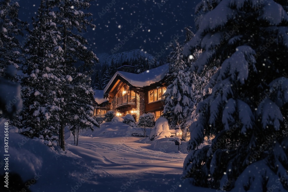 Fototapeta premium Snowy night chalet illuminated by lights, snowfall in winter forest