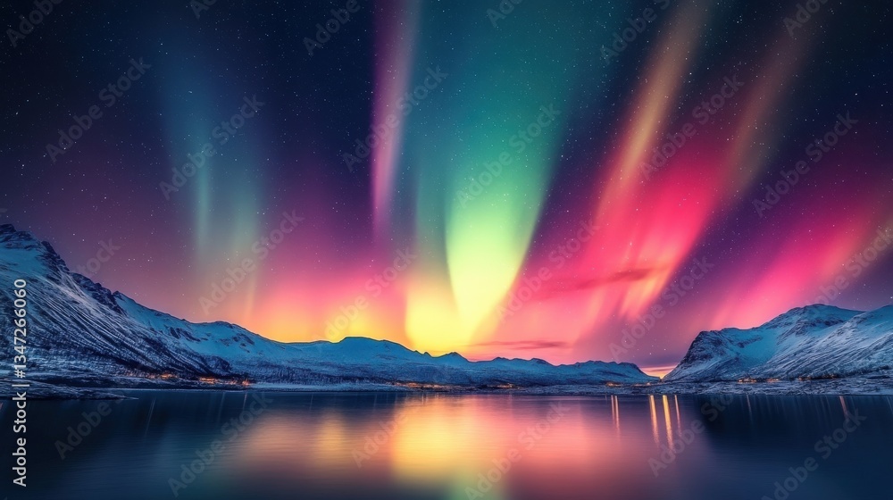 Naklejka premium Vibrant northern lights illuminating mountains and tranquil reflective water at night