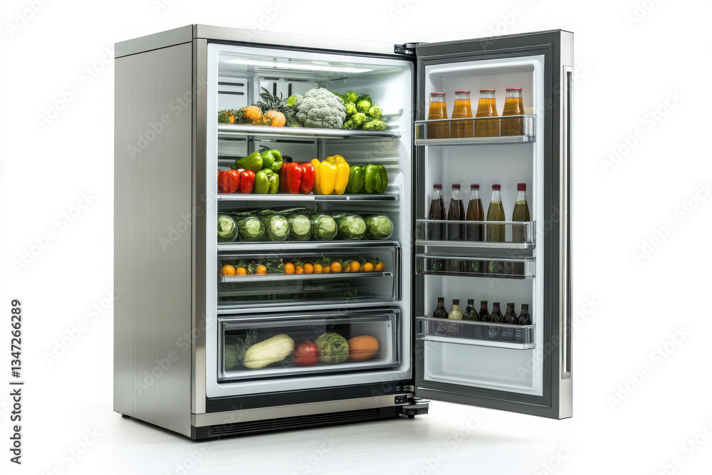 Open refrigerator showcasing fresh vegetables and bottled beverages on shelves in a well lit interior Open refrigerator showcasing fresh vegetables and bottled beverages on shelves in a well lit interior