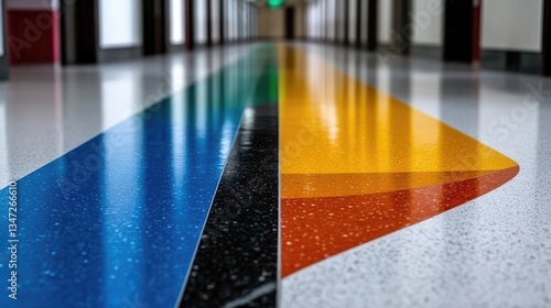 Colorful pathway in a modern hallway.  A vibrant, multi-colored design on a polished floor guides movement through the corridor.  