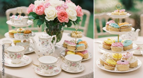 Wallpaper Mural Elegant tea party setup with floral arrangements and colorful cupcakes outdoors Torontodigital.ca