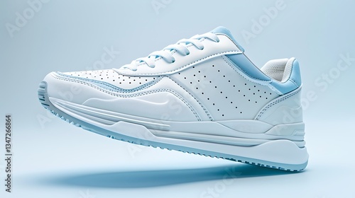 White sneaker with light blue accents on a white isolated background