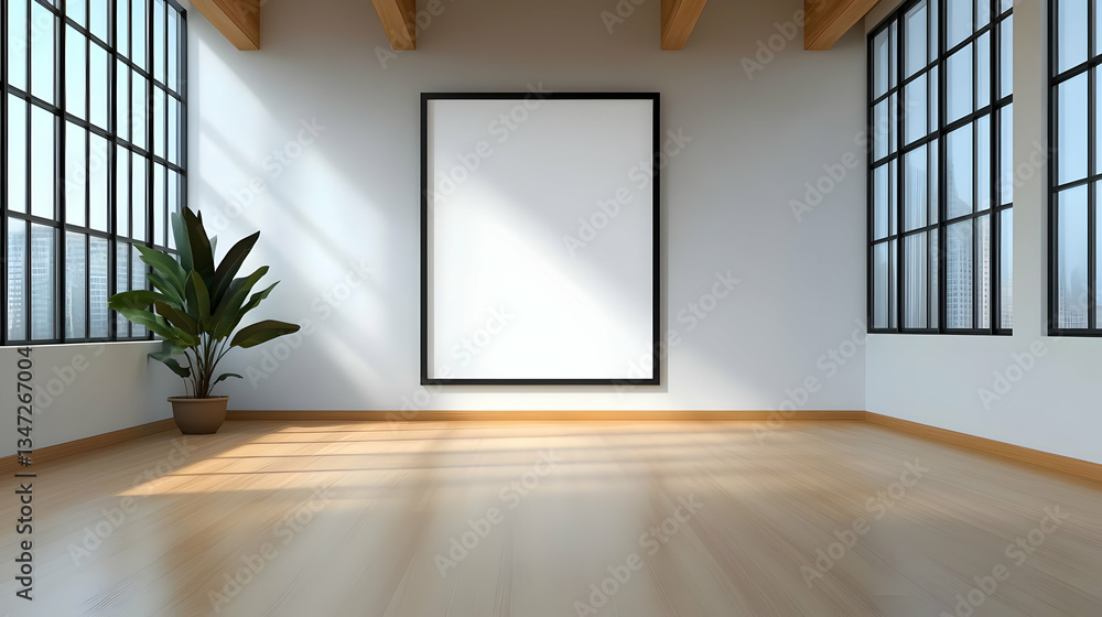 Obraz premium Bright Minimalist Loft Apartment Interior with Large Windows and Potted Plant